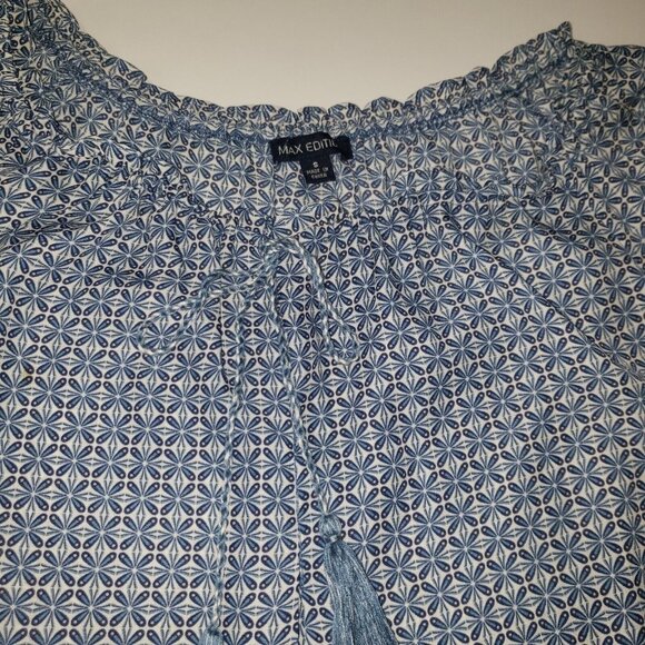 Max Edition Women Blouse Blue White Geometric Long Sleeve Peasant Top Size Small - Picture 11 of 14